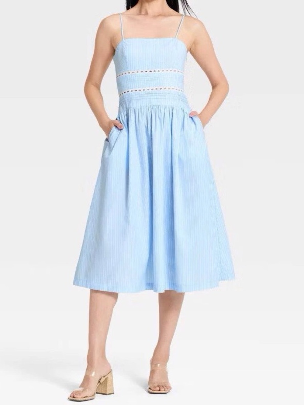Women's Light Blue Midi Sundress with Smocked Bodice